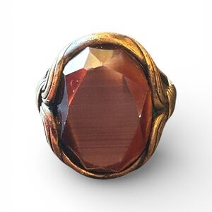 Vintage Artisan-Style Rhodium Gold and Brown Stone Ring